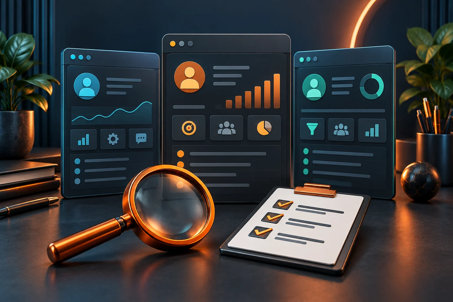Сравнение трёх интерфейсов CRM с лупой и списком критериев